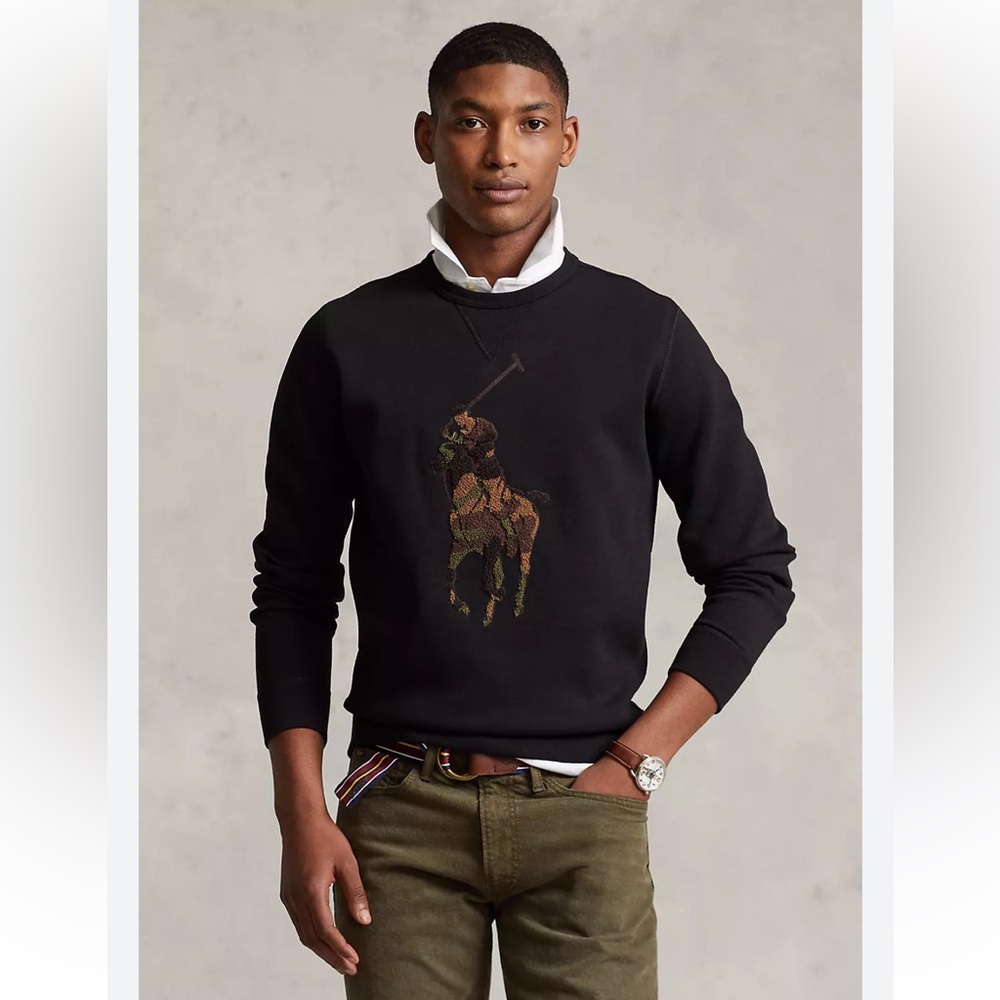 Polo Ralph Lauren Big Pony Double-Knit Sweatshirt. Black with Camo. Large. Rare!